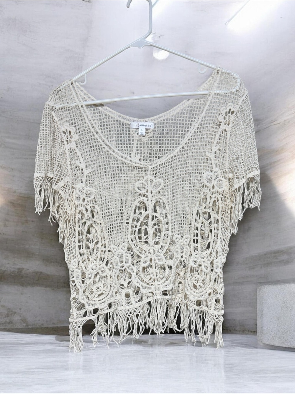 Roommates Cream Crochet Fringe Overlay Top large